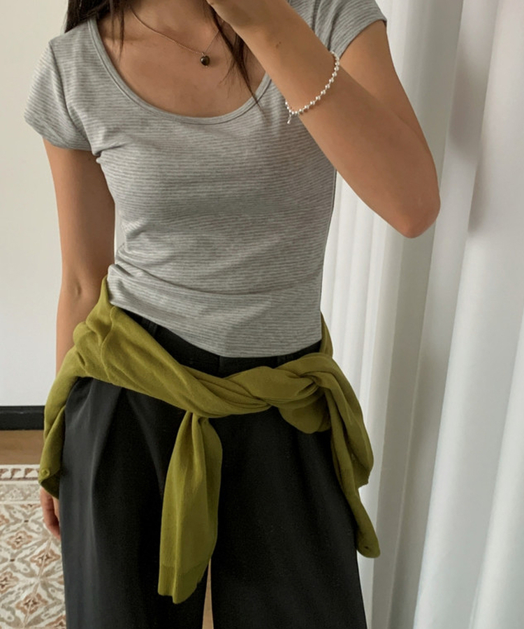 ボーダースリムUネック半袖Tシャツ GREY