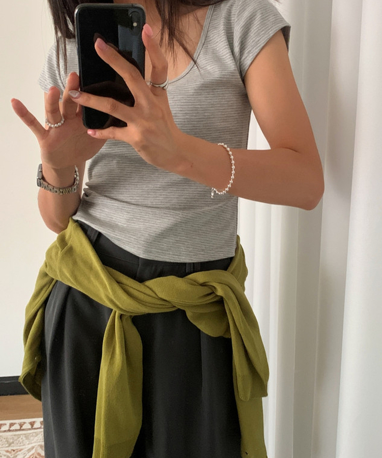 ボーダースリムUネック半袖Tシャツ GREY