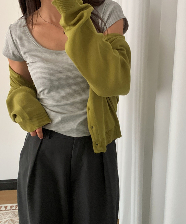 ボーダースリムUネック半袖Tシャツ GREY