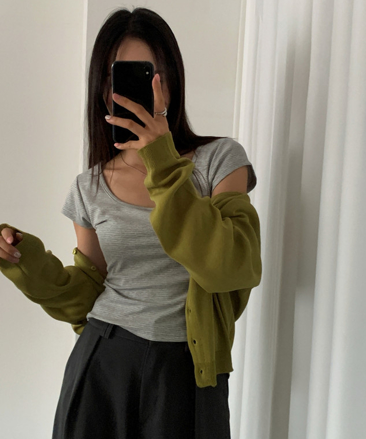 ボーダースリムUネック半袖Tシャツ GREY