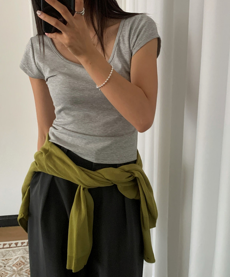 ボーダースリムUネック半袖Tシャツ GREY