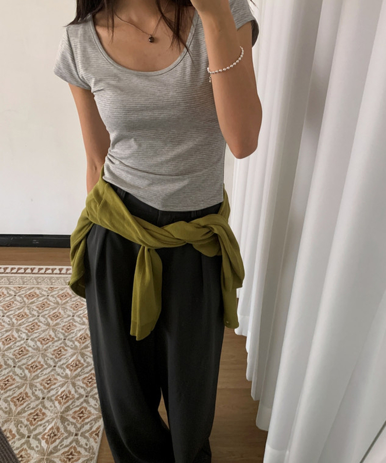 ボーダースリムUネック半袖Tシャツ GREY