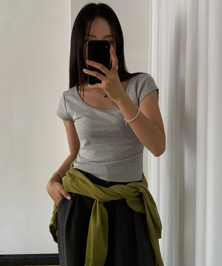 ボーダースリムUネック半袖Tシャツ GREY
