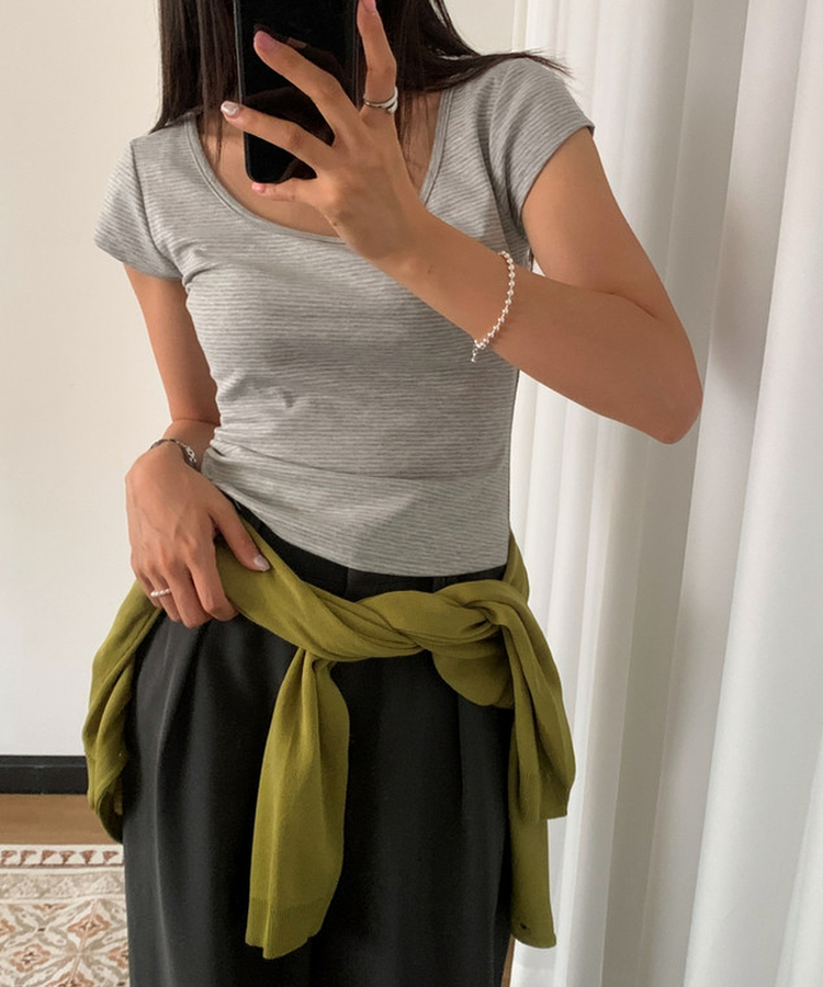 ボーダースリムUネック半袖Tシャツ GREY