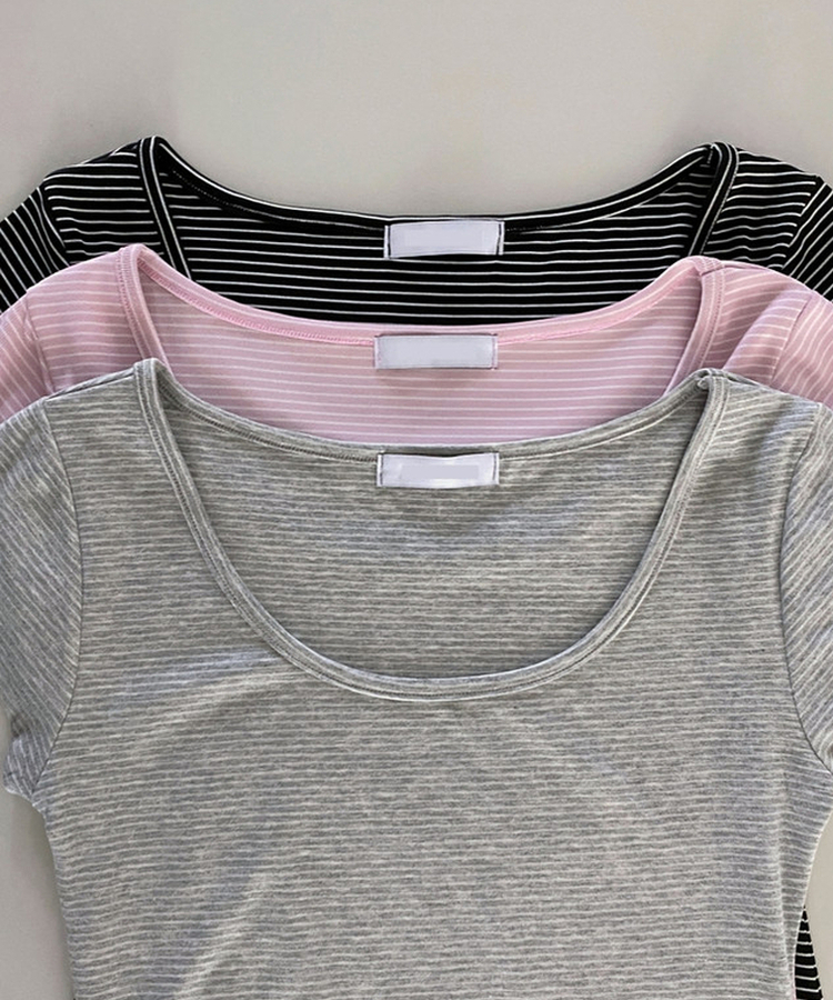 ボーダースリムUネック半袖Tシャツ
