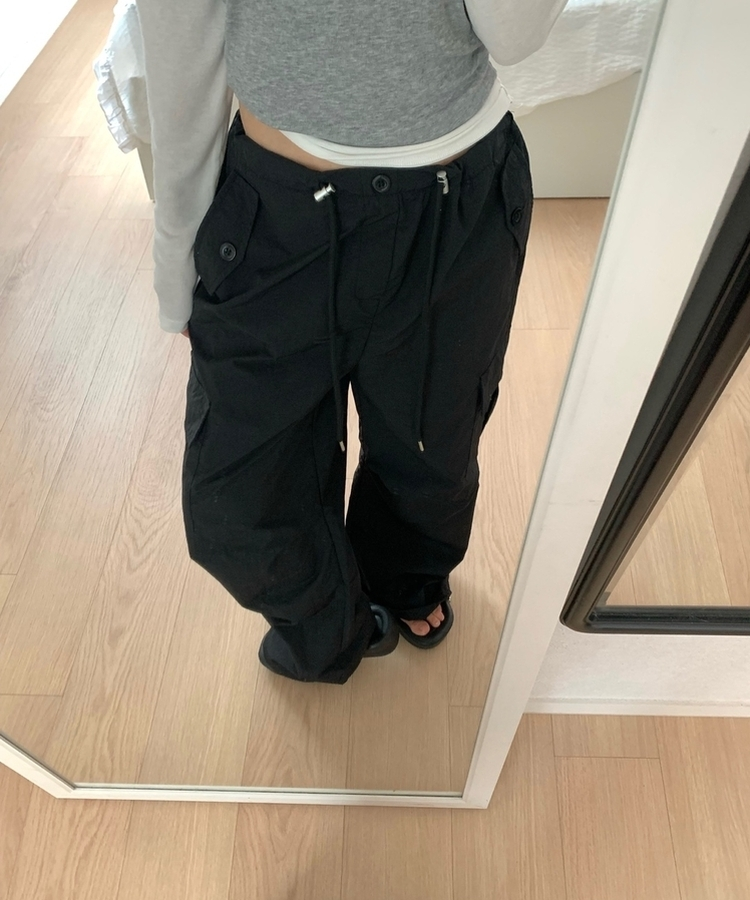 ストッパーナイロンカーゴワイドパンツ BLACK