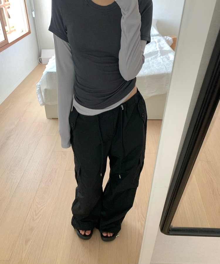 ストッパーナイロンカーゴワイドパンツ BLACK