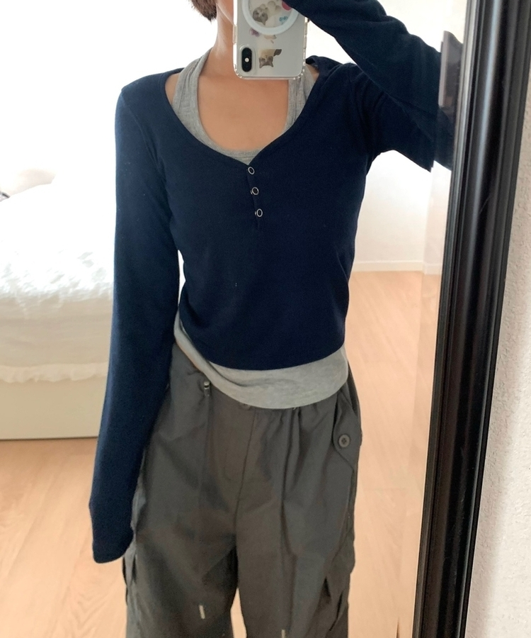 レイヤードスナップホルターネックTシャツ NAVY