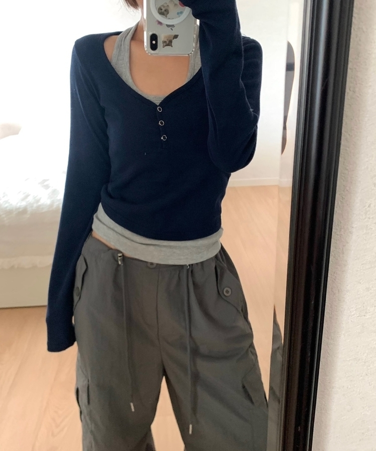 レイヤードスナップホルターネックTシャツ NAVY