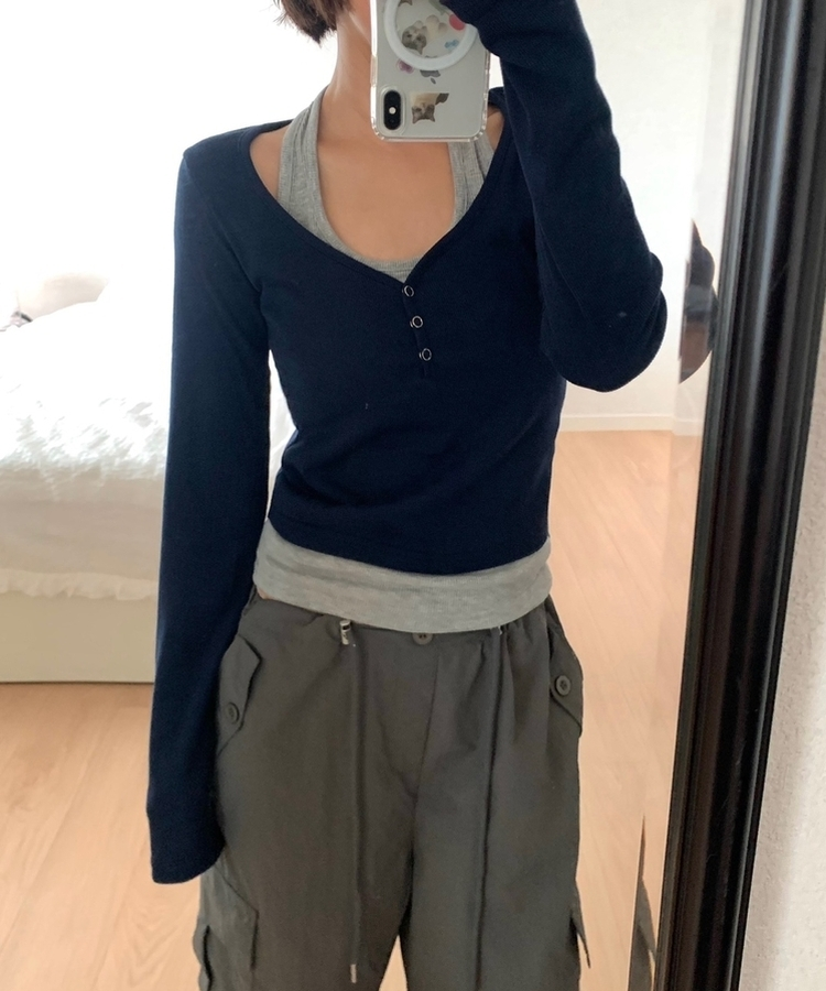 レイヤードスナップホルターネックTシャツ NAVY