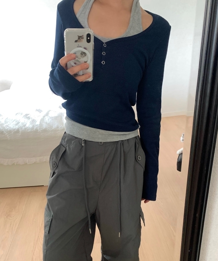 レイヤードスナップホルターネックTシャツ NAVY