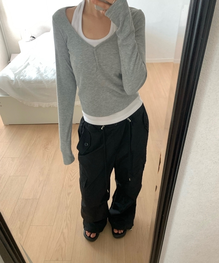 レイヤードスナップホルターネックTシャツ GREY