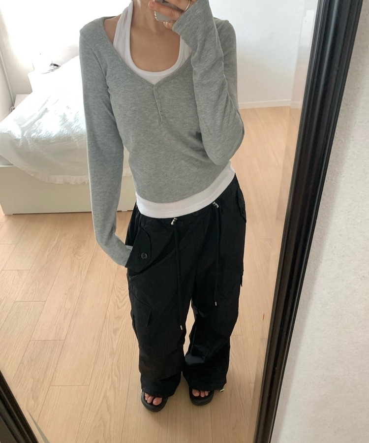 レイヤードスナップホルターネックTシャツ GREY