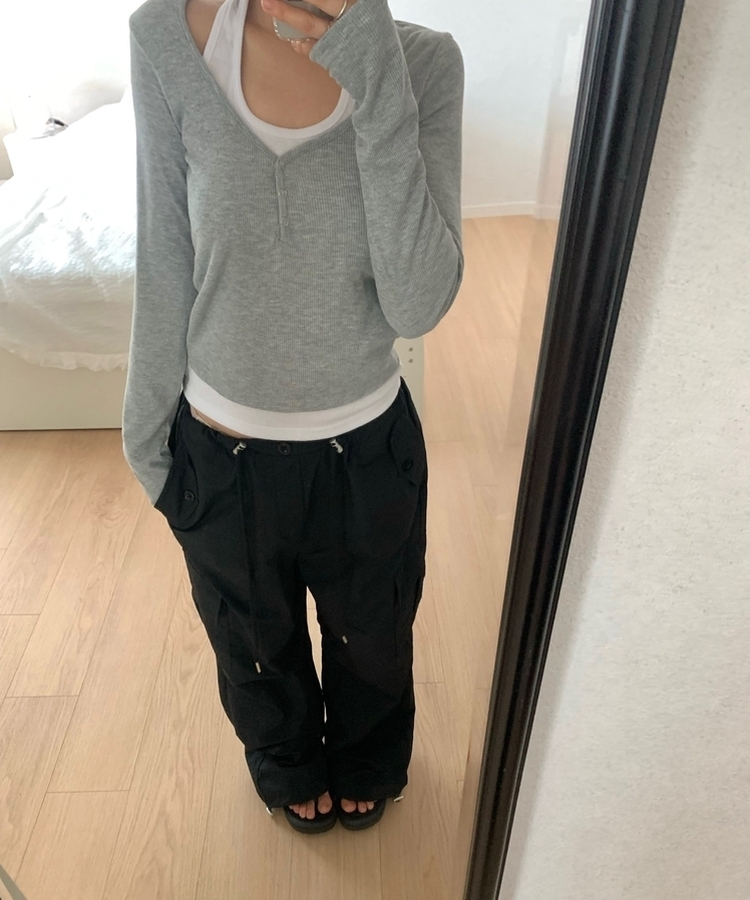 レイヤードスナップホルターネックTシャツ GREY