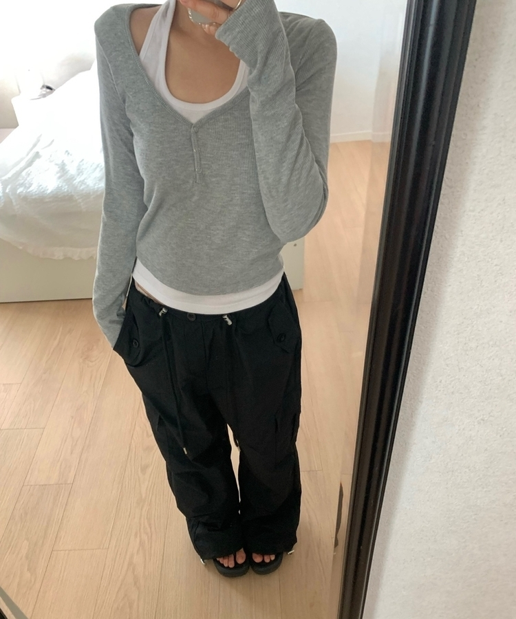 レイヤードスナップホルターネックTシャツ GREY