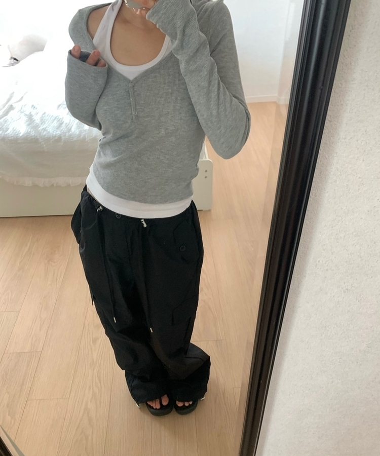 レイヤードスナップホルターネックTシャツ GREY