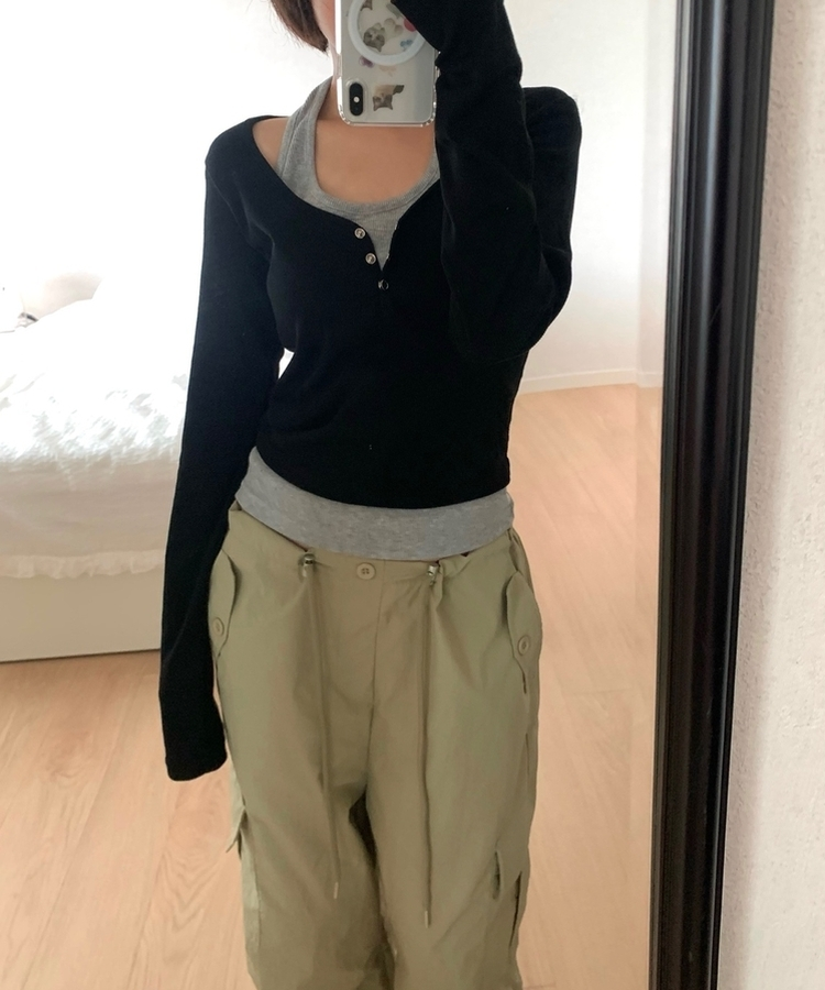 レイヤードスナップホルターネックTシャツ BLACK