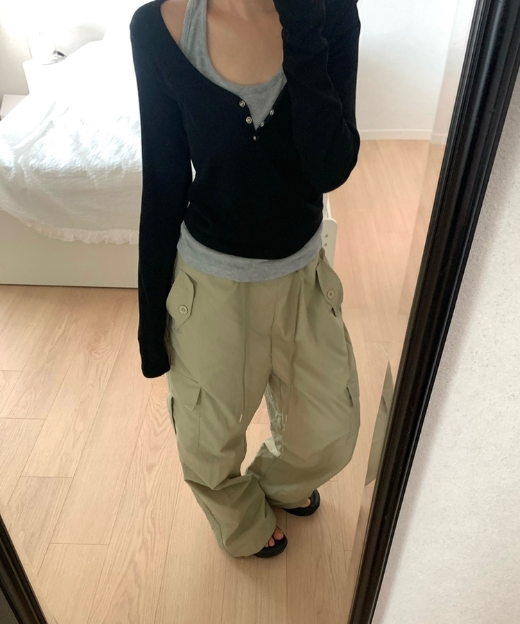 レイヤードスナップホルターネックTシャツ BLACK