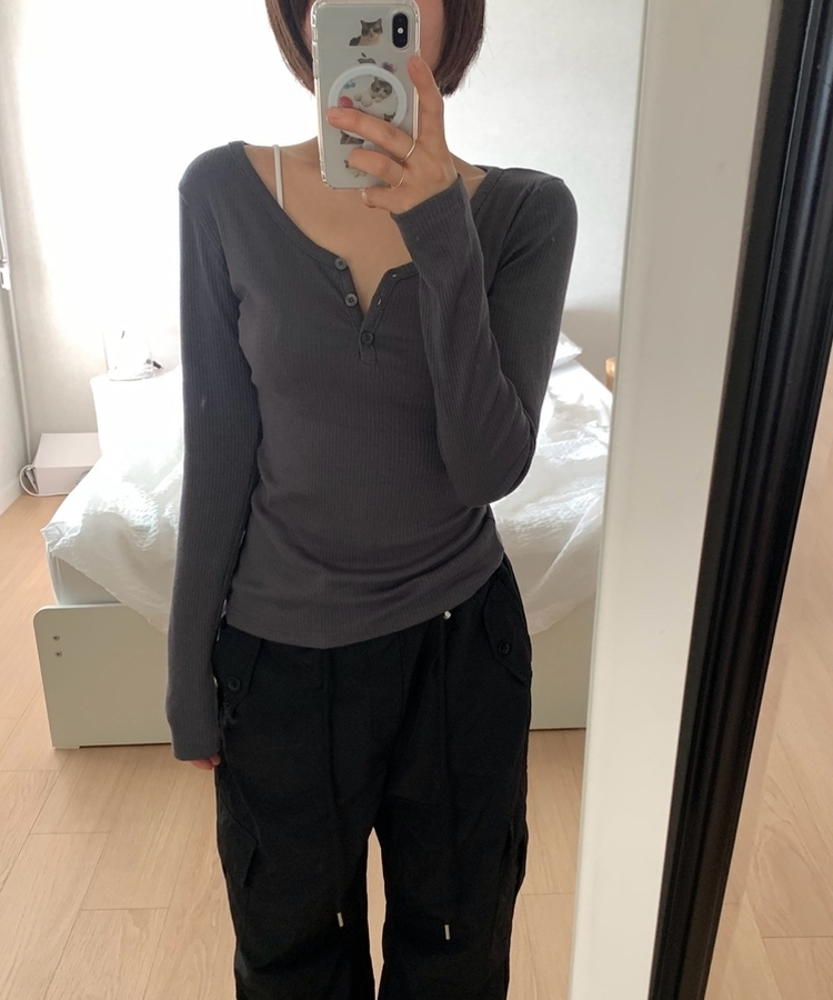スリムボタンVネックリブTシャツ(5color) CHARCOAL
