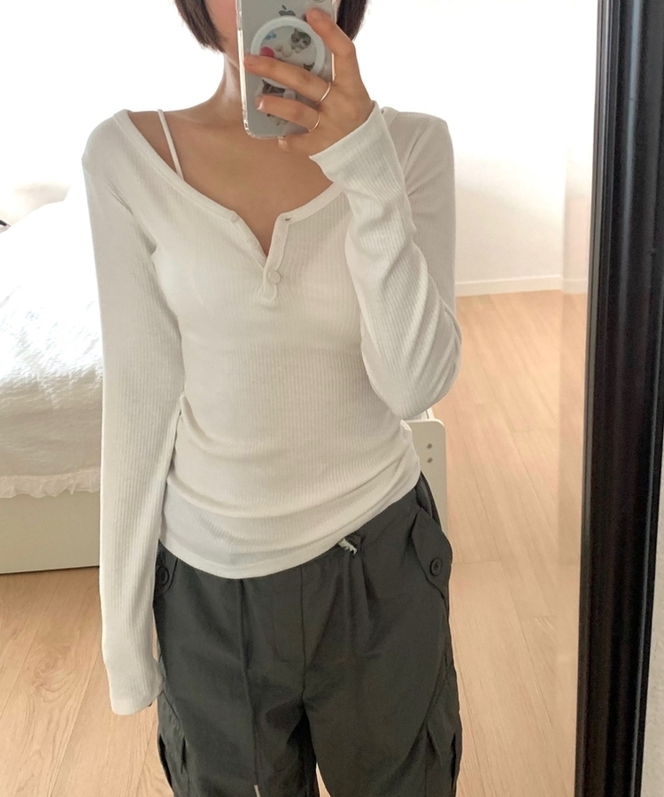 スリムボタンVネックリブTシャツ(5color) IVORY
