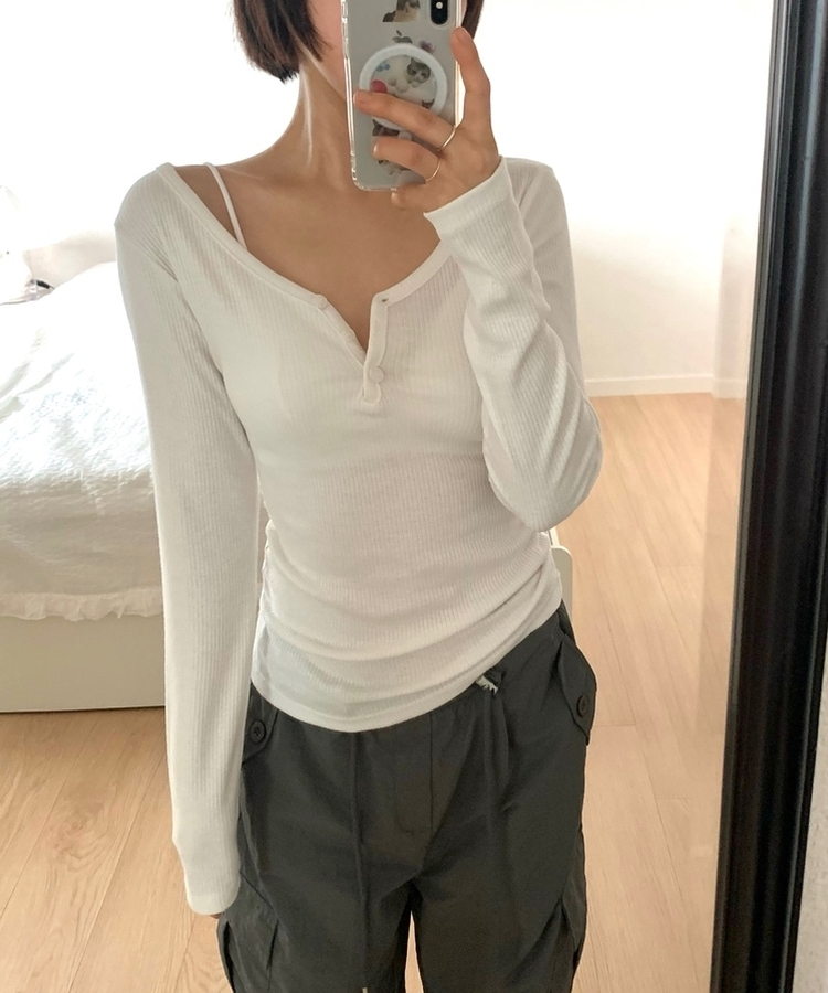 スリムボタンVネックリブTシャツ(5color) IVORY