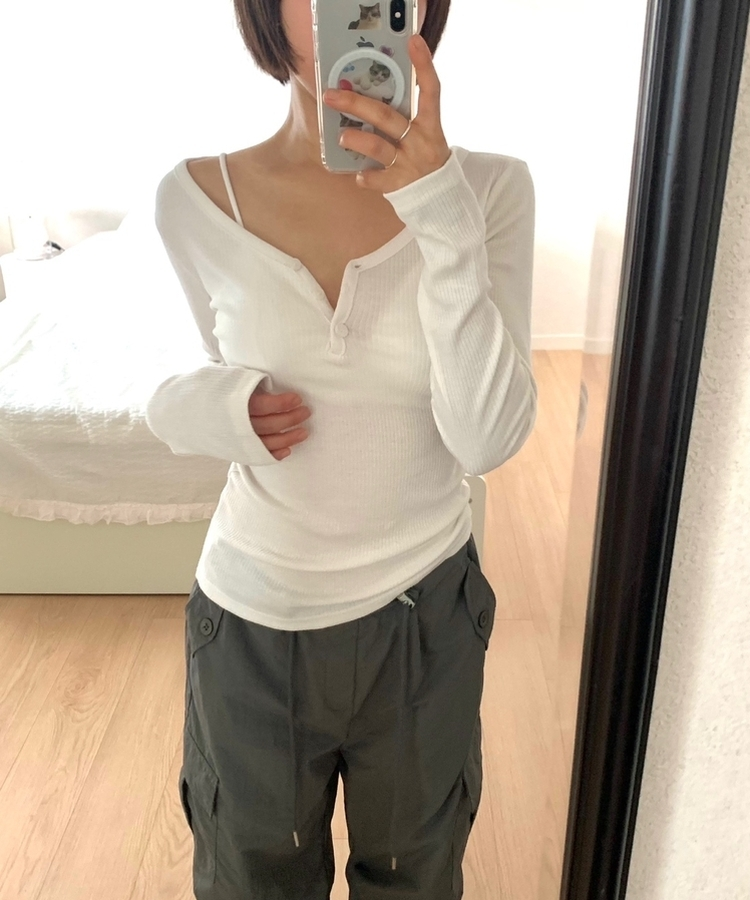 スリムボタンVネックリブTシャツ(5color) IVORY
