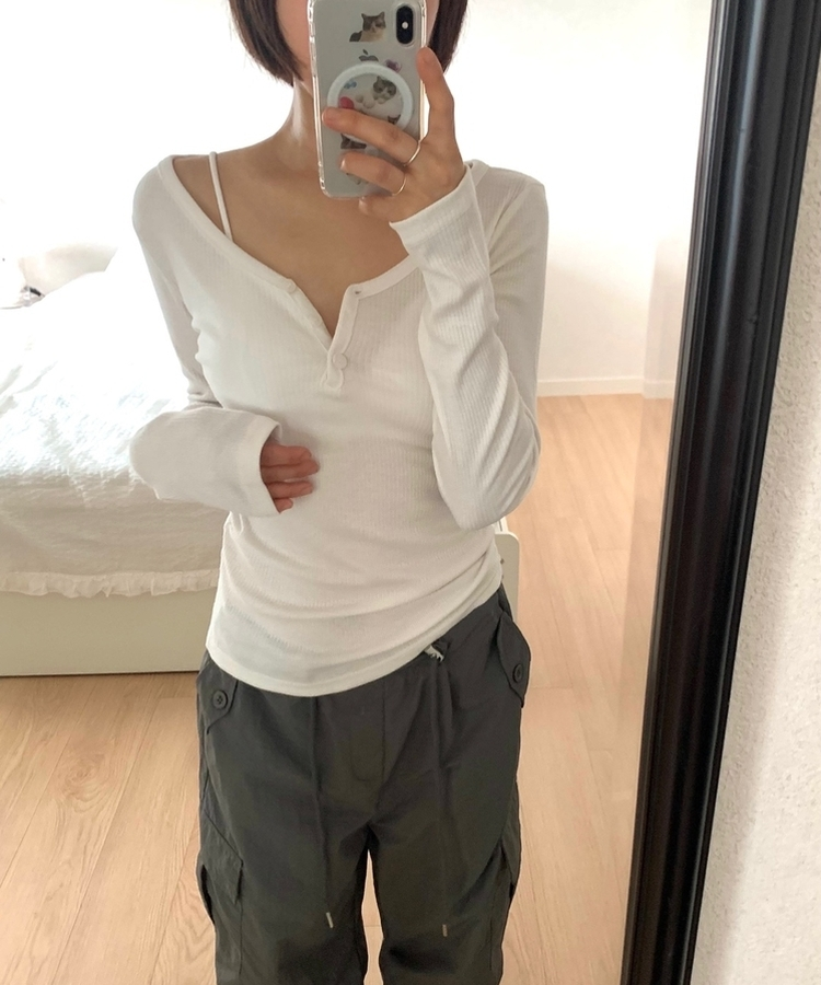 スリムボタンVネックリブTシャツ(5color) IVORY