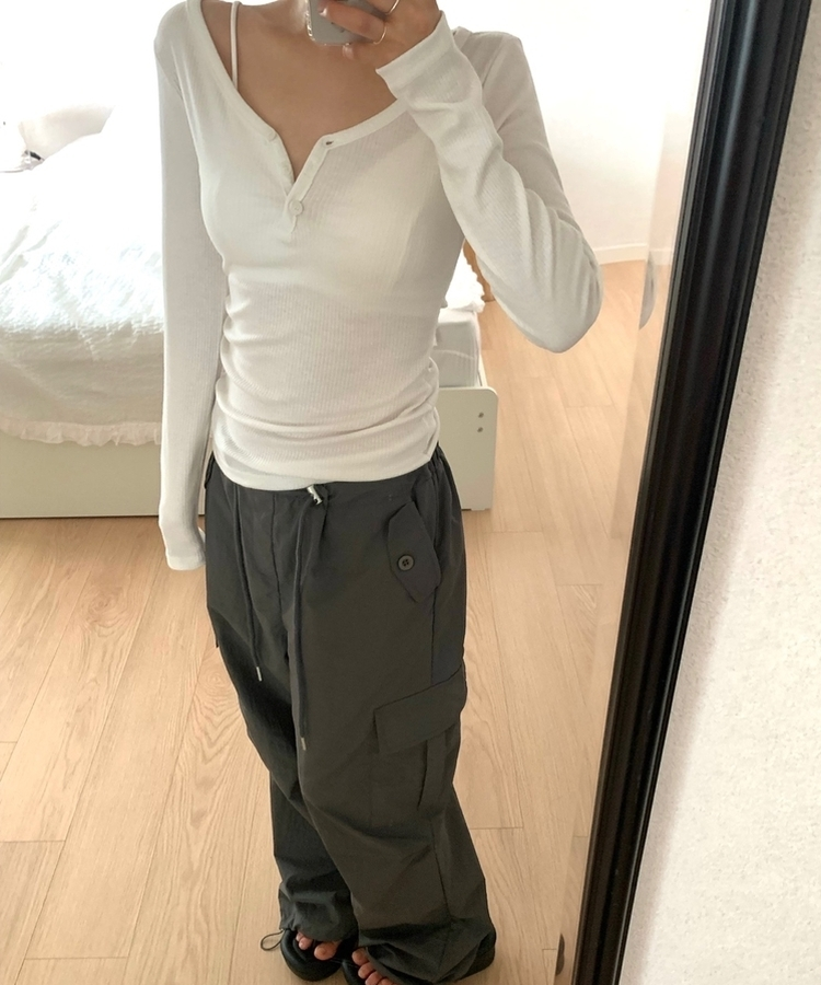 スリムボタンVネックリブTシャツ(5color) IVORY