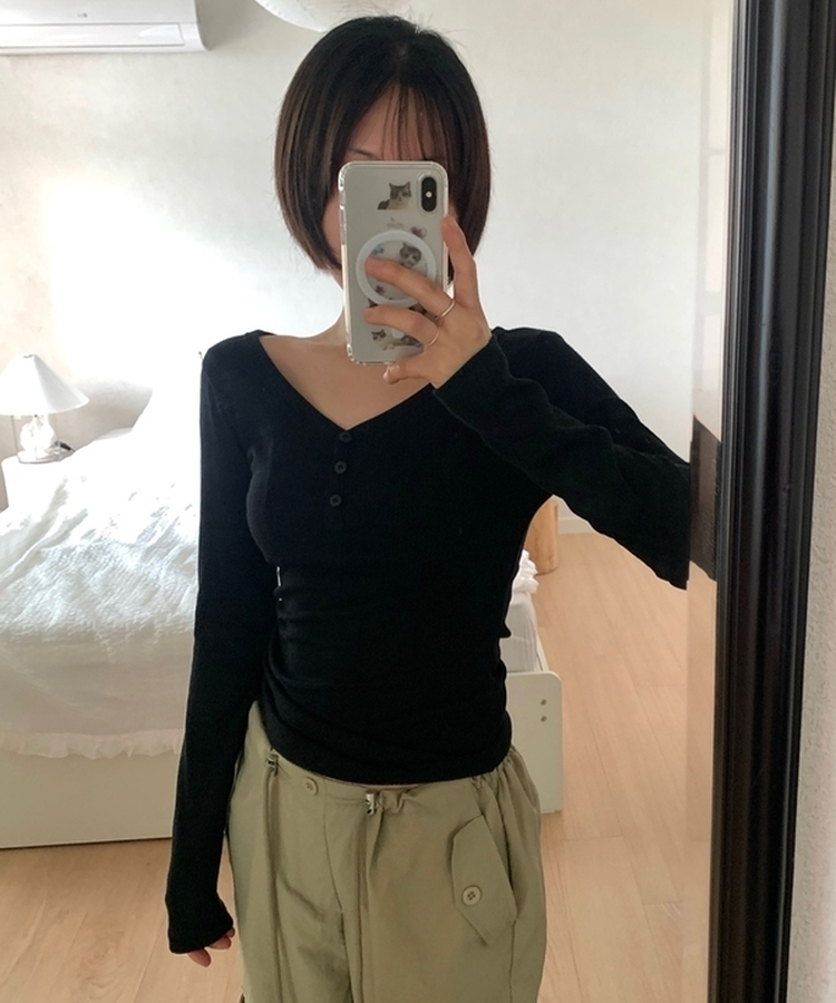 スリムボタンVネックリブTシャツ(5color) BLACK