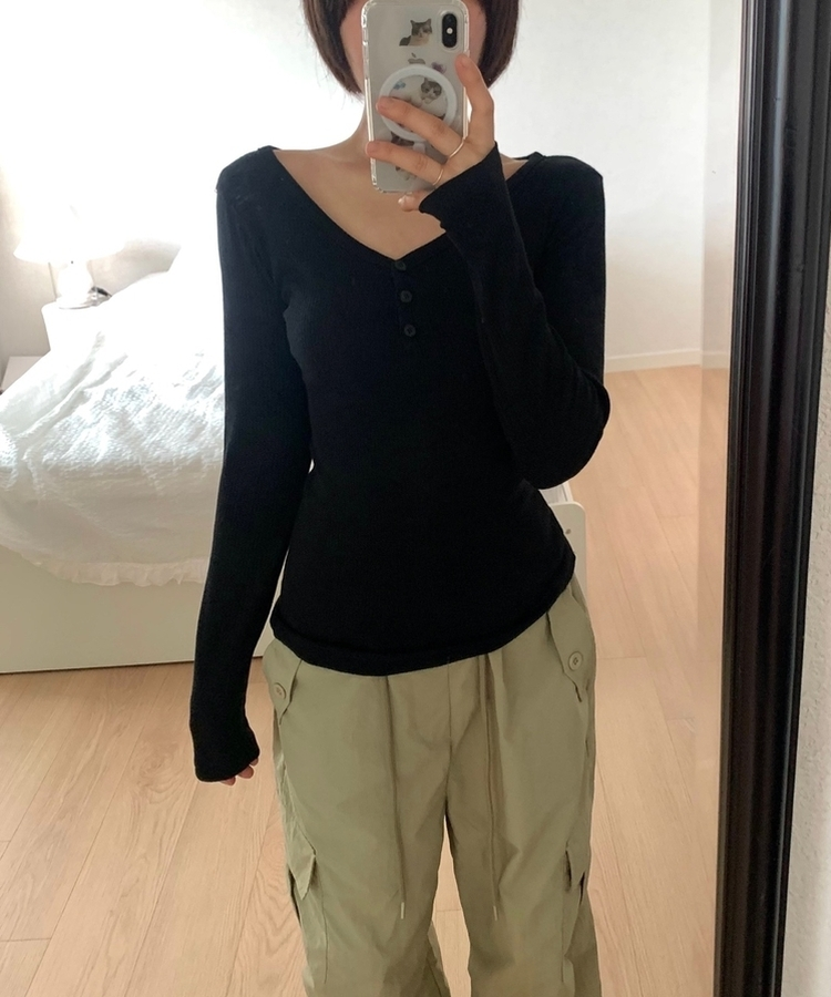 スリムボタンVネックリブTシャツ(5color) BLACK