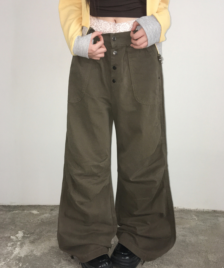 ボタンダブルピンタックワイドパンツ KHAKI