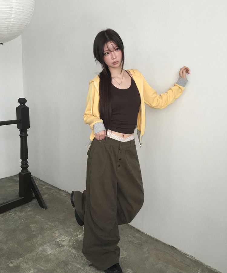 ボタンダブルピンタックワイドパンツ KHAKI