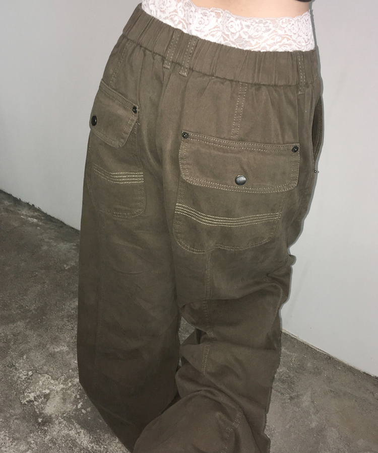 ボタンダブルピンタックワイドパンツ KHAKI
