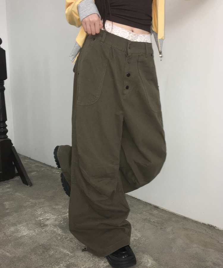 ボタンダブルピンタックワイドパンツ KHAKI