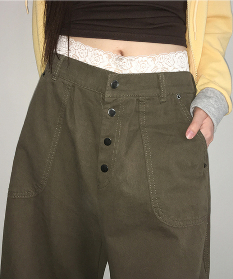 ボタンダブルピンタックワイドパンツ KHAKI