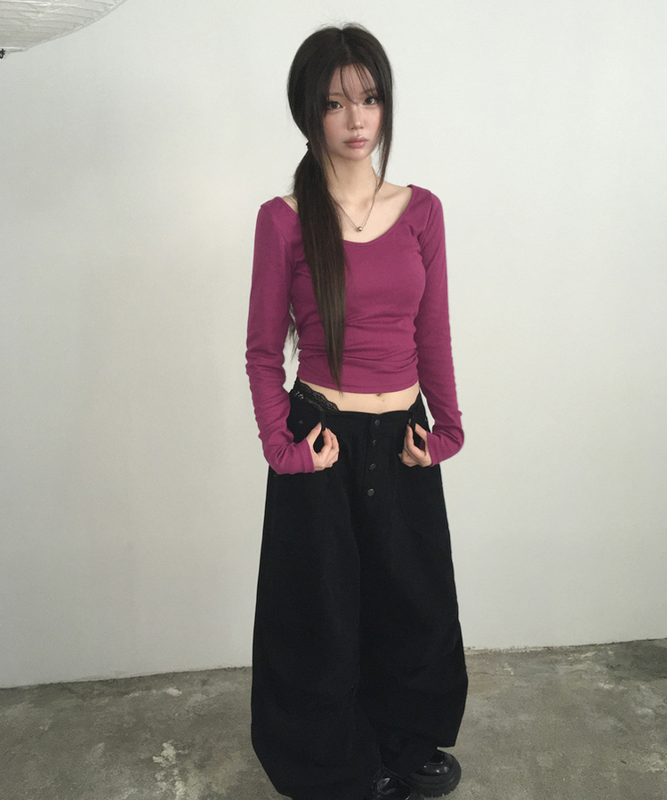 ボタンダブルピンタックワイドパンツ BLACK