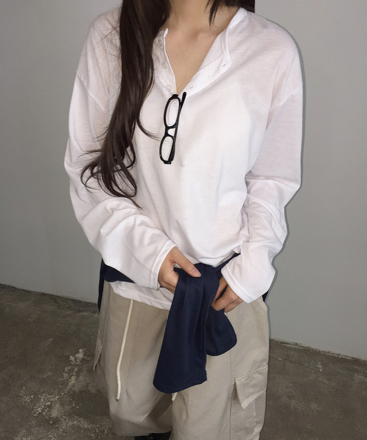 ルーズヘンリーネックボタンTシャツ(8color) WHITE