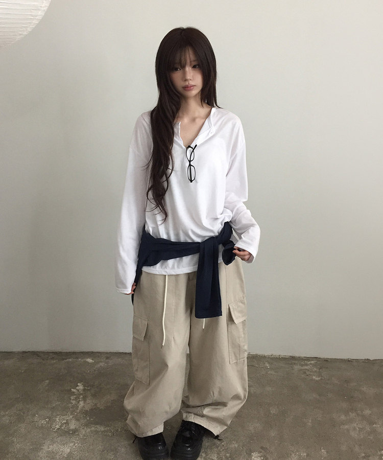 ルーズヘンリーネックボタンTシャツ(8color) WHITE
