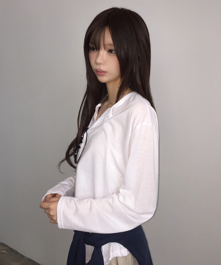 ルーズヘンリーネックボタンTシャツ(8color) WHITE