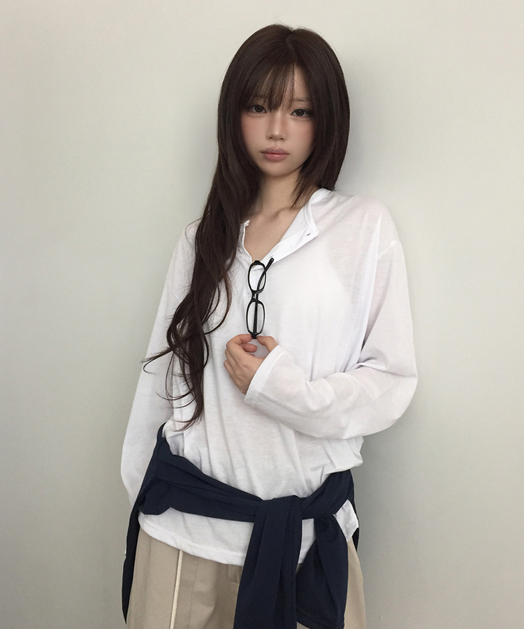 ルーズヘンリーネックボタンTシャツ(8color) WHITE