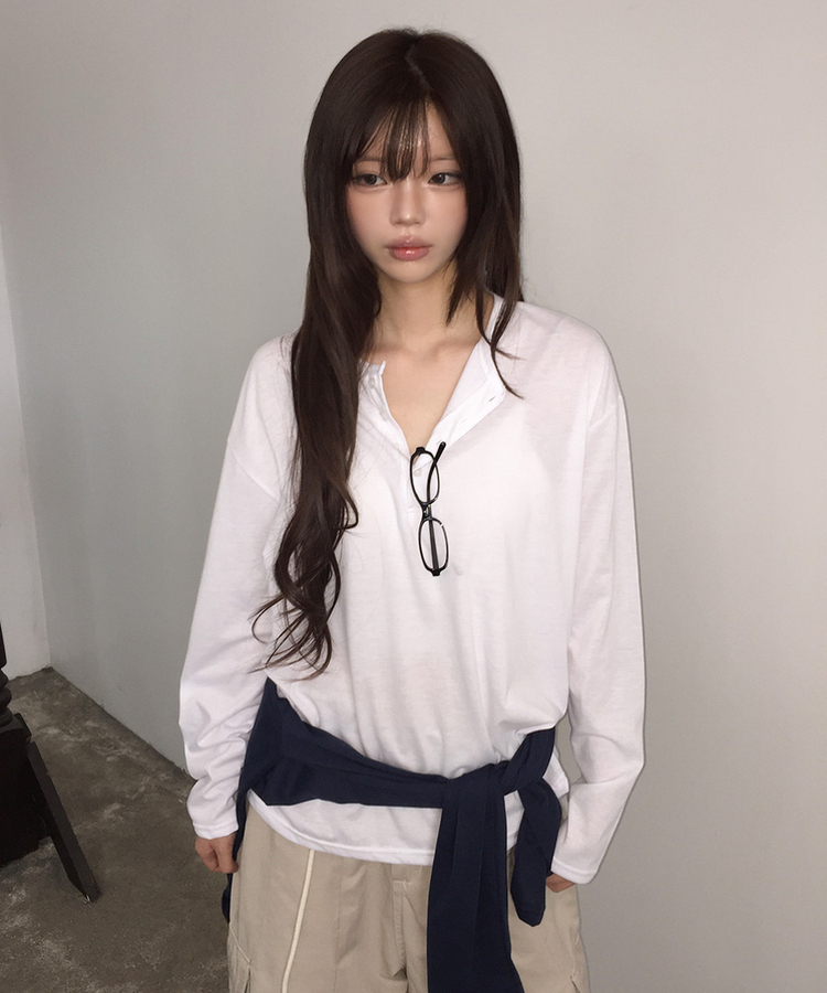 ルーズヘンリーネックボタンTシャツ(8color) WHITE