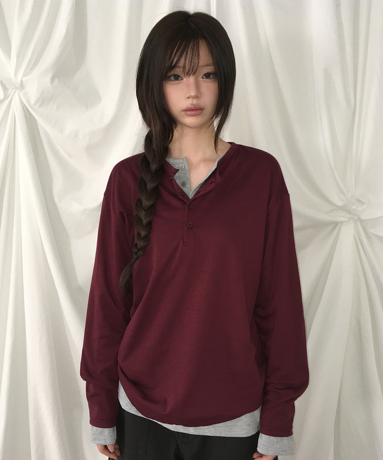 ルーズヘンリーネックボタンTシャツ(8color) WINE