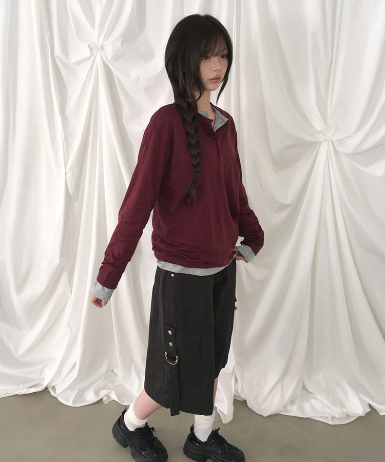 ルーズヘンリーネックボタンTシャツ(8color) WINE