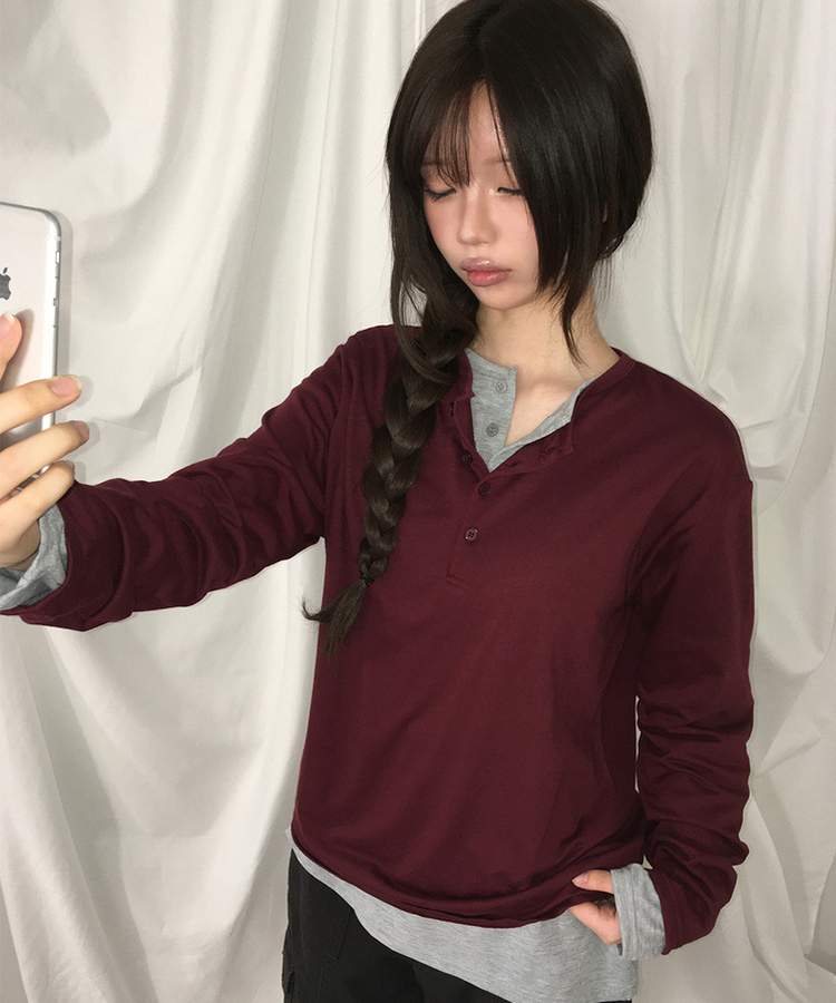ルーズヘンリーネックボタンTシャツ(8color) WINE