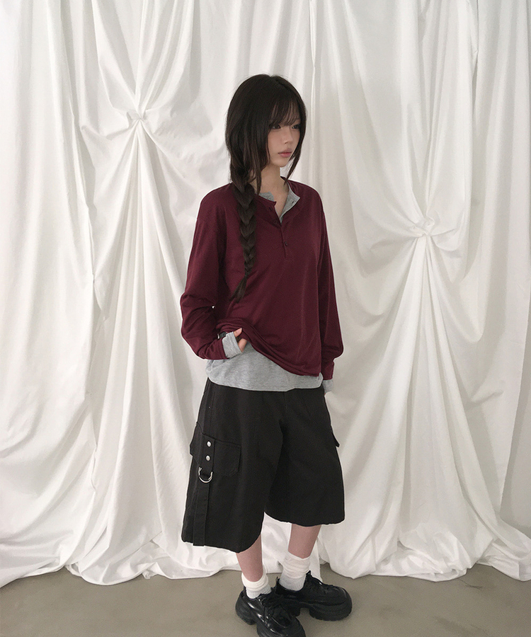 ルーズヘンリーネックボタンTシャツ(8color) WINE