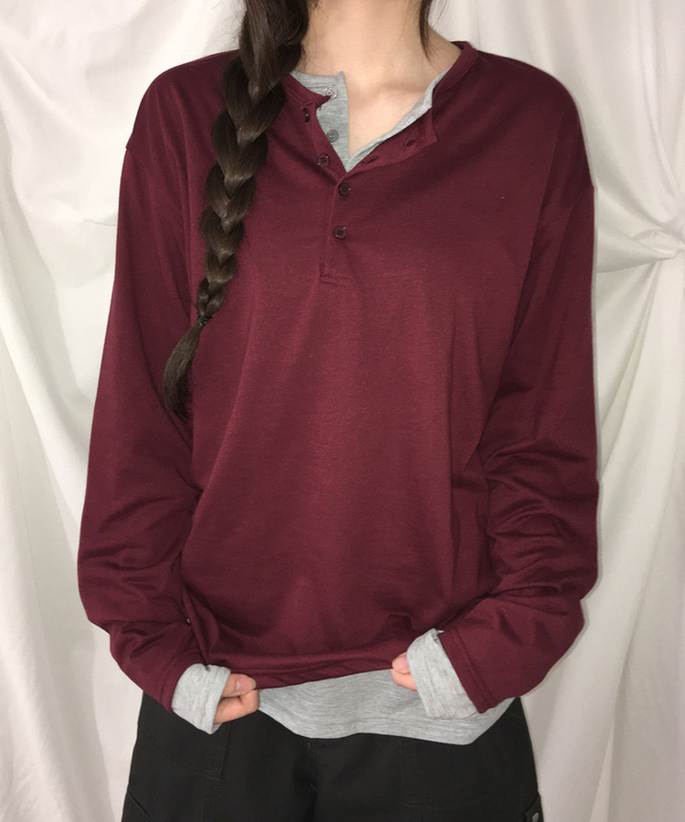 ルーズヘンリーネックボタンTシャツ(8color) WINE