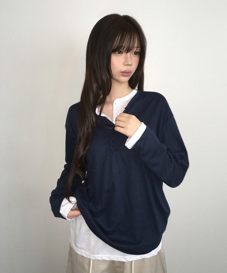 ルーズヘンリーネックボタンTシャツ(8color) NAVY