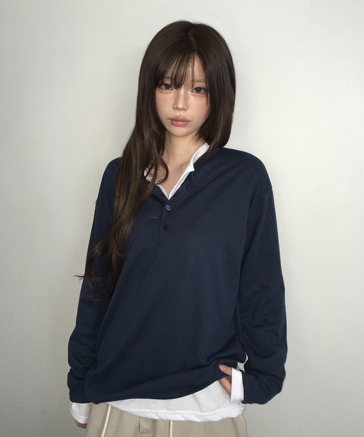ルーズヘンリーネックボタンTシャツ(8color) NAVY