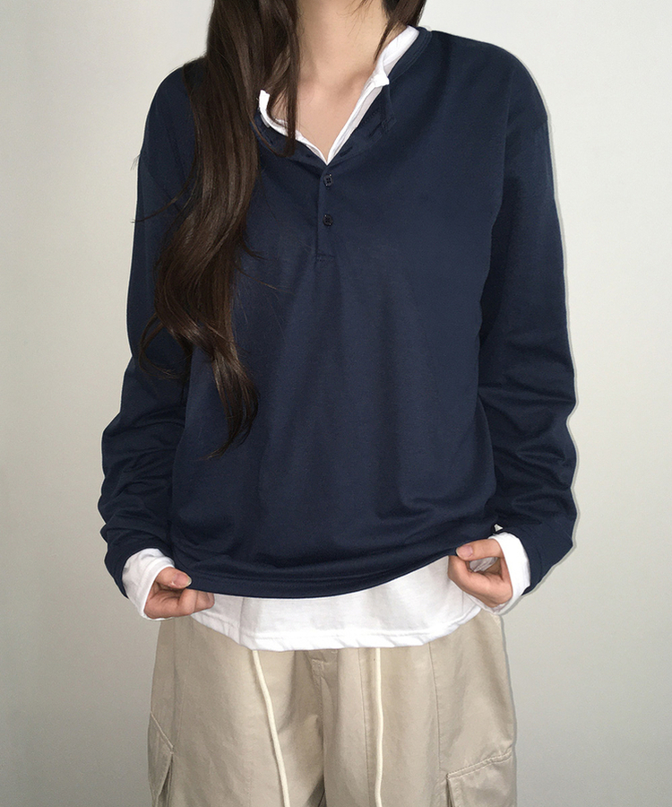 ルーズヘンリーネックボタンTシャツ(8color) NAVY
