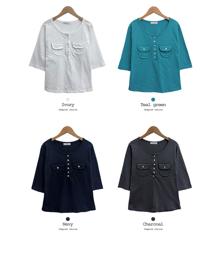 ヘンリーネックボタンツーポケット七分袖Tシャツ
